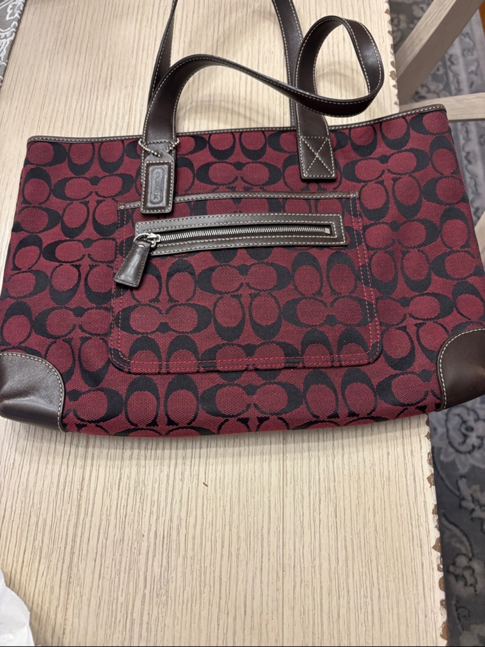 Coach burgundy and Black Signature  Tote with Brown Leather Trim